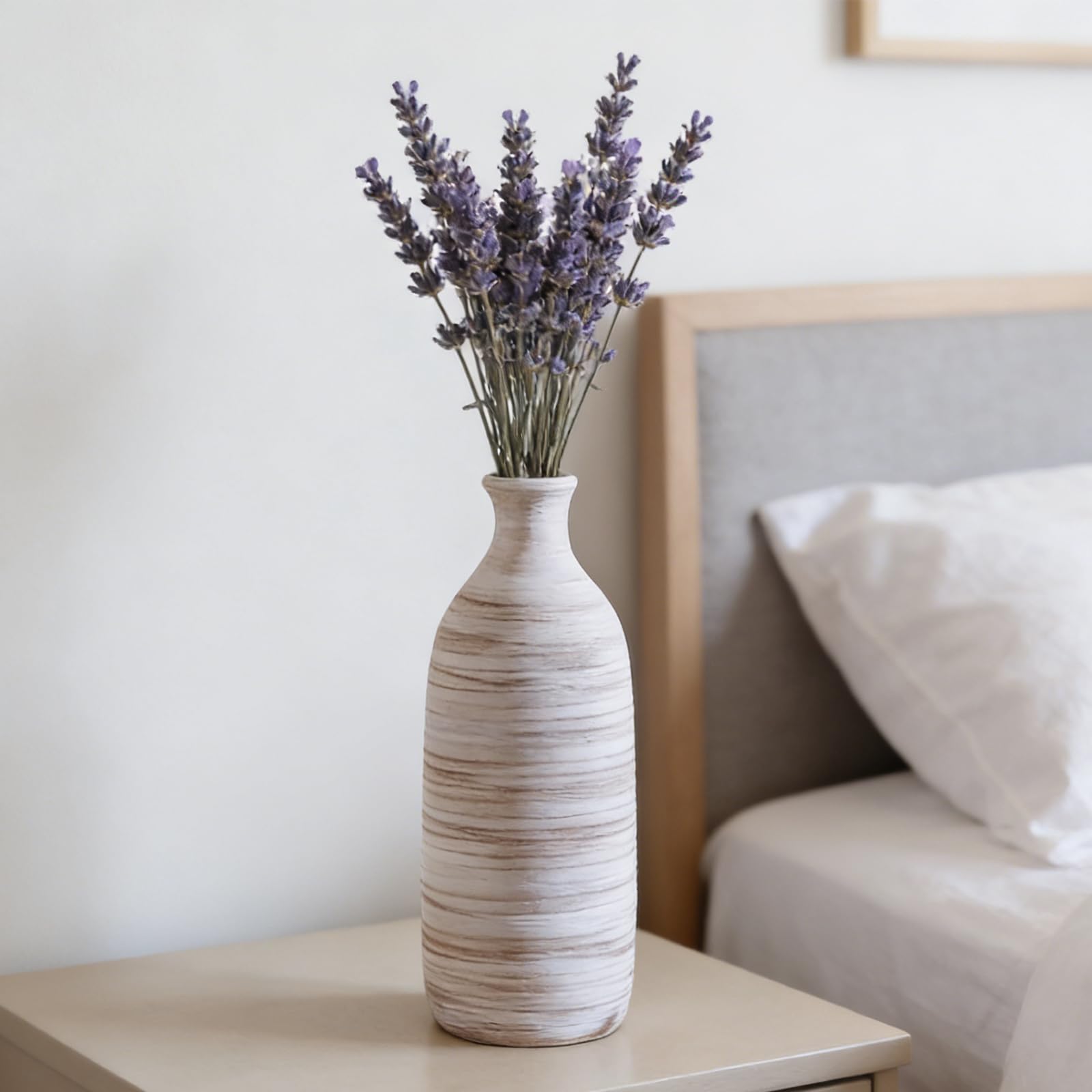 ALMA 16" Tall Floor Vase for Pampas Grass,White Brown Ceramic Centerpiece for Dresser, Skinny Pampas Grass Vessel for Floor, Entryway Table, Fireplace Decor