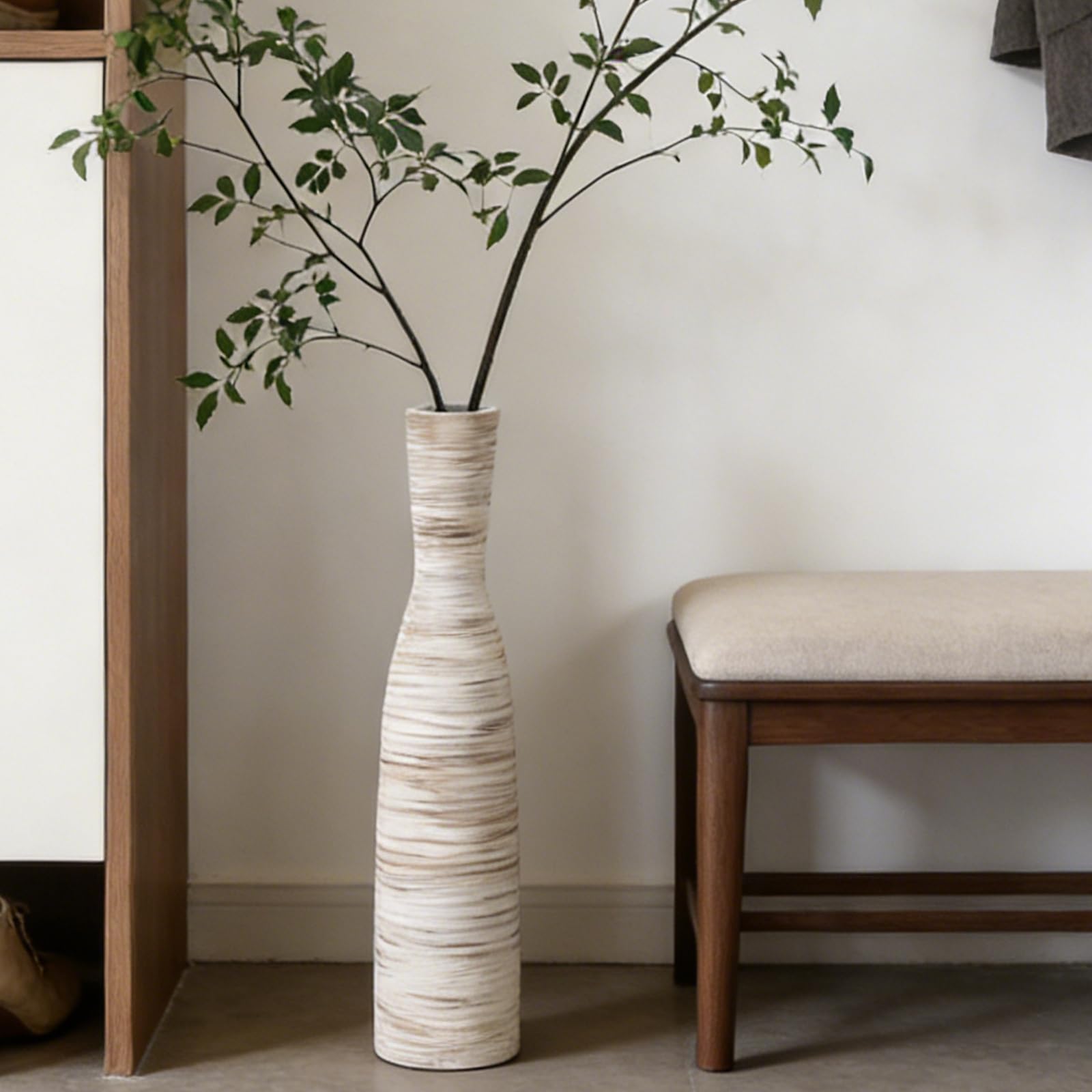 ALMA 16" Tall Floor Vase for Pampas Grass,White Brown Ceramic Centerpiece for Dresser, Skinny Pampas Grass Vessel for Floor, Entryway Table, Fireplace Decor