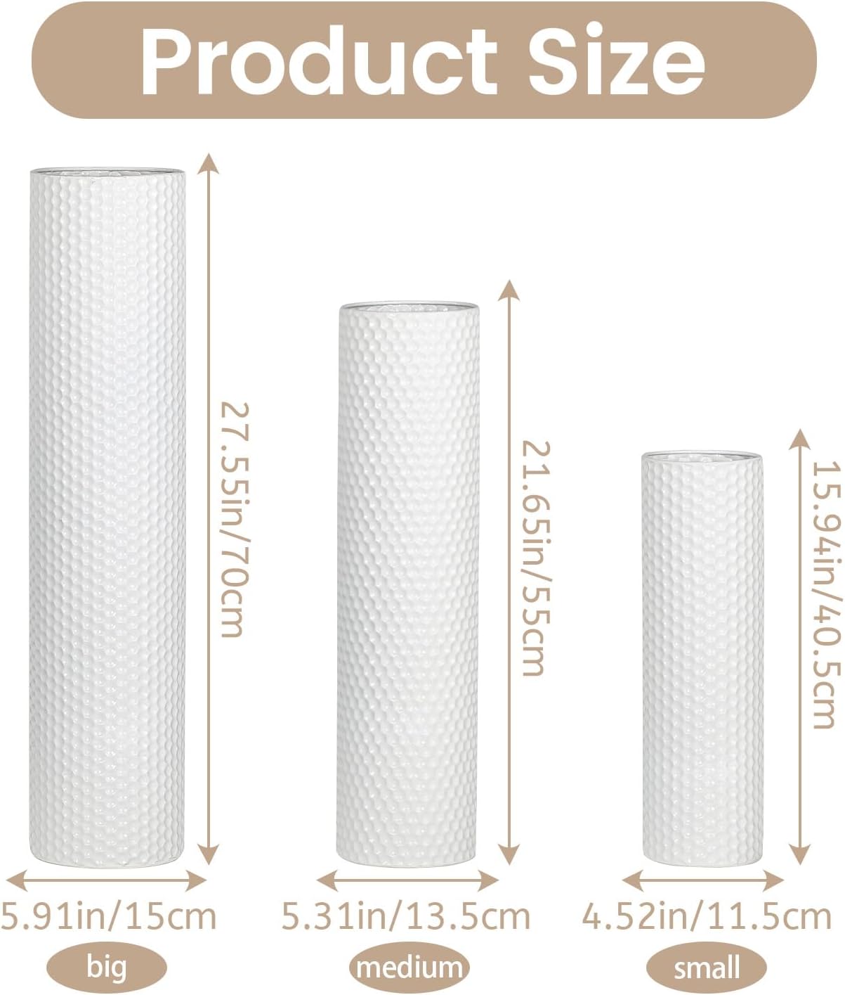 Dnnnii Tall Floor Vases Set of 3 - White Metal Cylinder Vases for Living Room Corner, Modern Honeycomb Texture, Extra Large Standing Decor (Tallest 27.6in, Home Bedroom Dining Decor)
