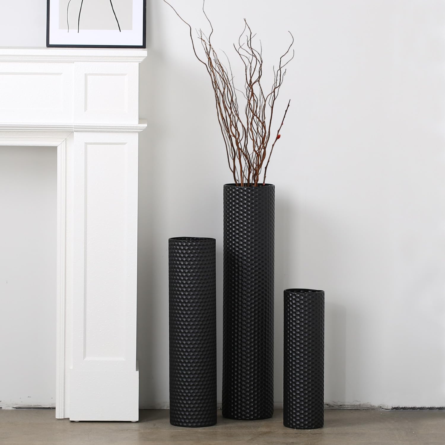 Dnnnii Tall Floor Vases Set of 3 - White Metal Cylinder Vases for Living Room Corner, Modern Honeycomb Texture, Extra Large Standing Decor (Tallest 27.6in, Home Bedroom Dining Decor)