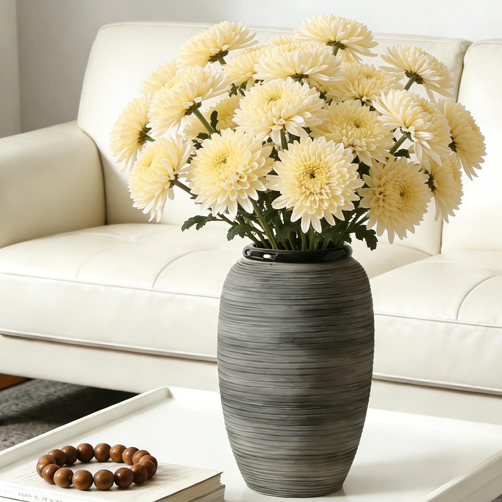 ALMA 16" Tall Floor Vase for Pampas Grass,White Brown Ceramic Centerpiece for Dresser, Skinny Pampas Grass Vessel for Floor, Entryway Table, Fireplace Decor