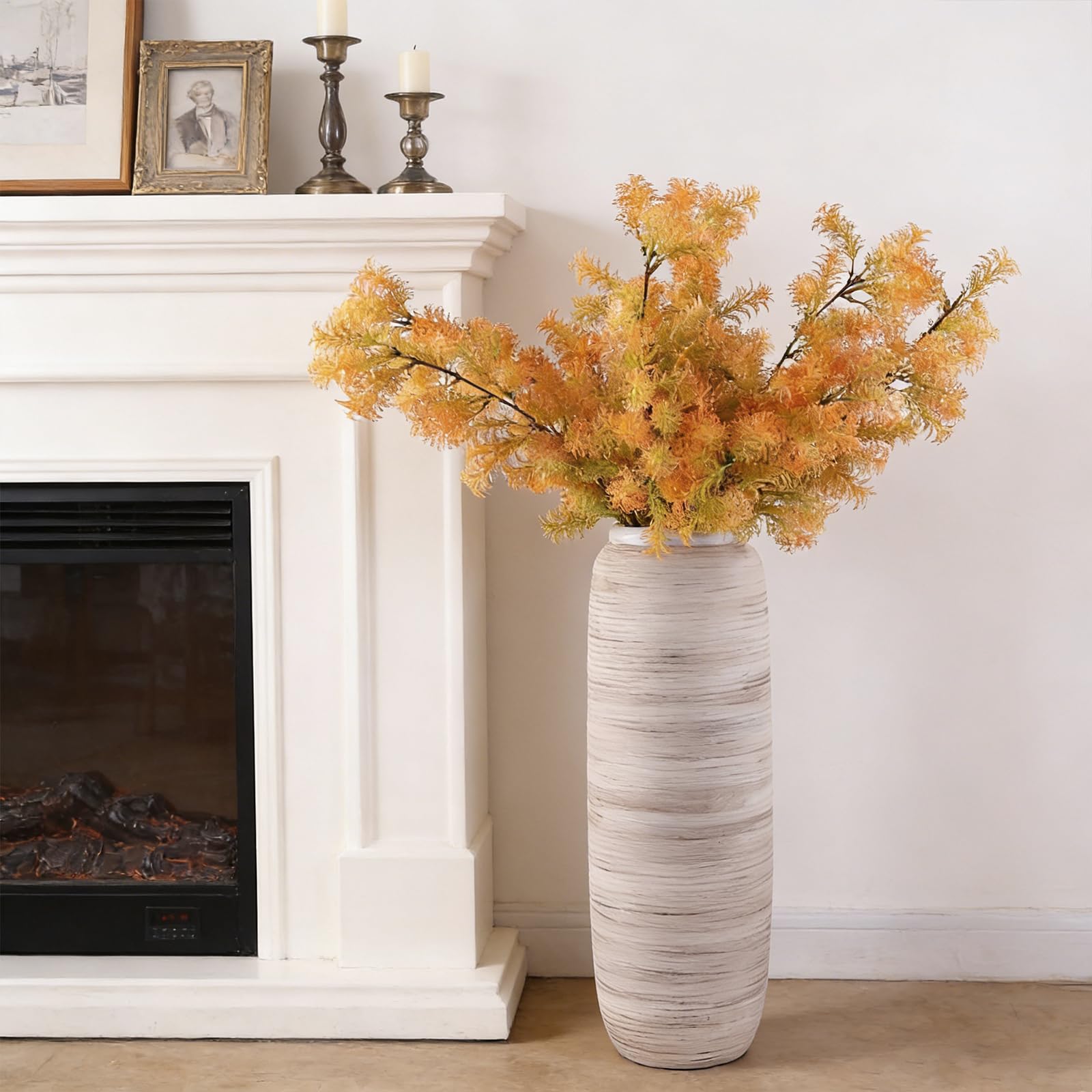 ALMA 16" Tall Floor Vase for Pampas Grass,White Brown Ceramic Centerpiece for Dresser, Skinny Pampas Grass Vessel for Floor, Entryway Table, Fireplace Decor