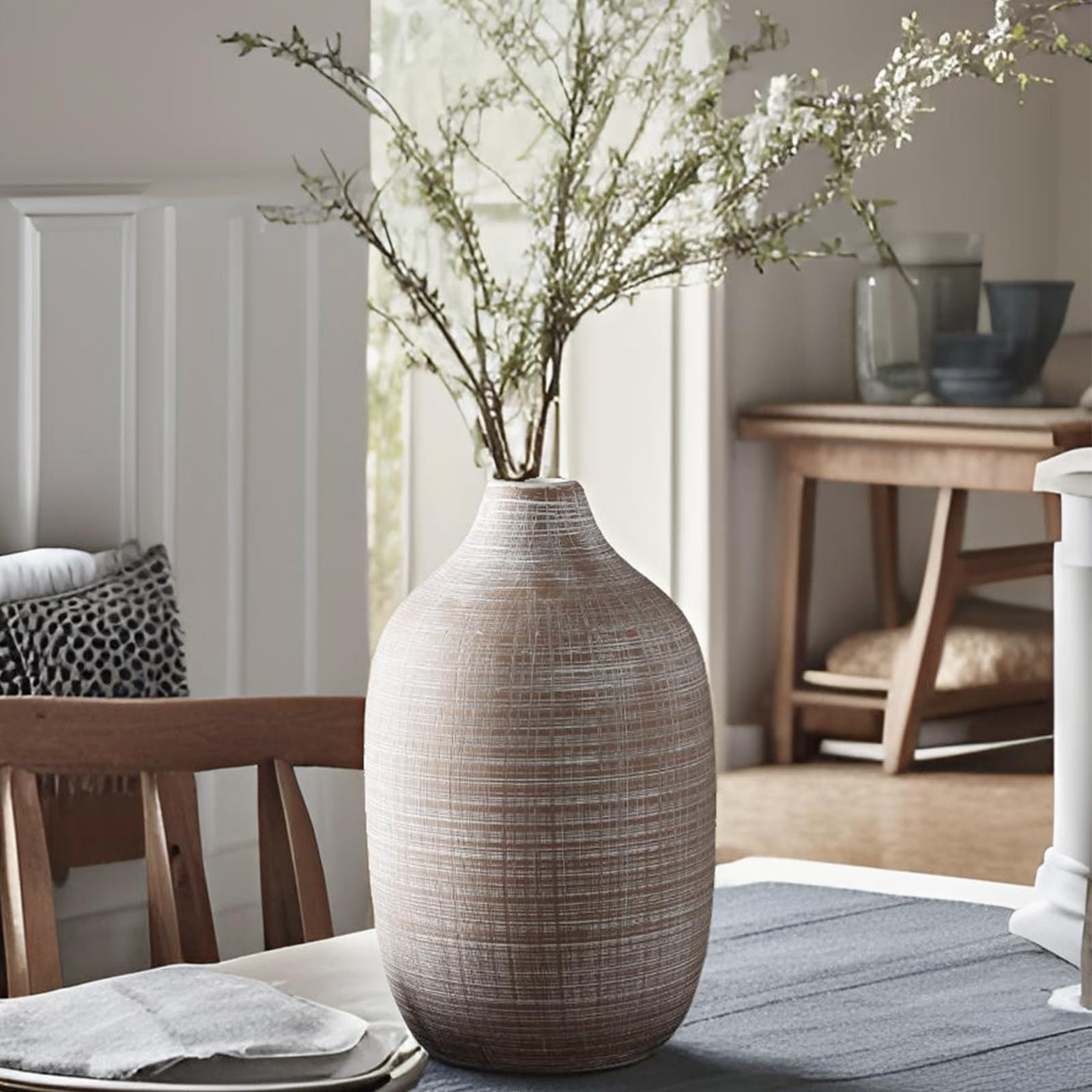 ALMA 16" Tall Floor Vase for Pampas Grass,White Brown Ceramic Centerpiece for Dresser, Skinny Pampas Grass Vessel for Floor, Entryway Table, Fireplace Decor
