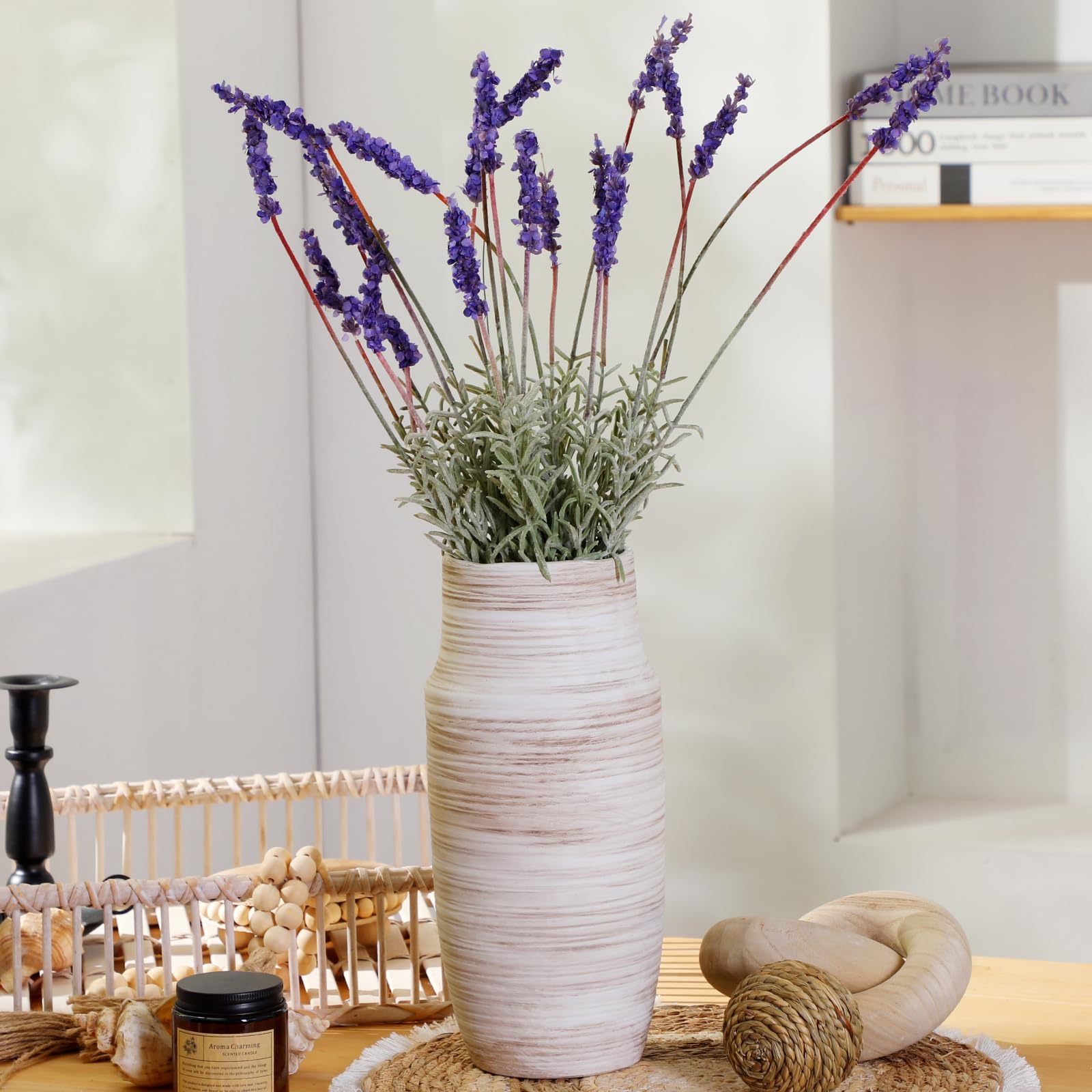 ALMA 16" Tall Floor Vase for Pampas Grass,White Brown Ceramic Centerpiece for Dresser, Skinny Pampas Grass Vessel for Floor, Entryway Table, Fireplace Decor