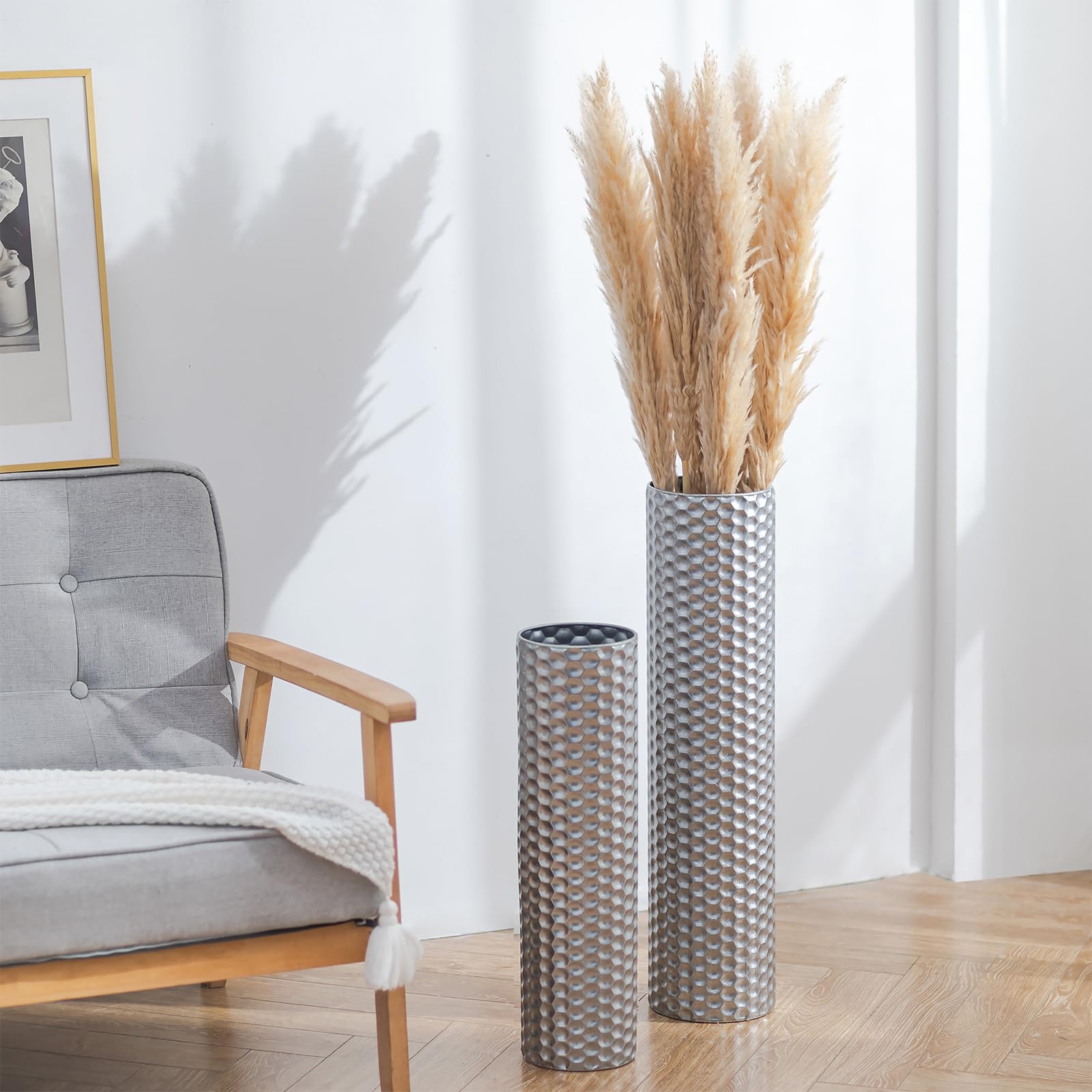 Sziqiqi Black Cylinder Tall Floor Vase: 27.6/21.7in Metal Extra Large Decorative Vase Set of 2 Living Room Modern Honeycomb Texture Big Standing Vase for Dining Bedroom Home Corner Indoor Office