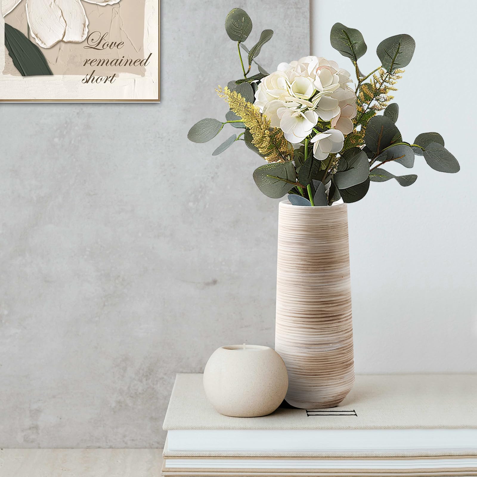 ALMA 16" Tall Floor Vase for Pampas Grass,White Brown Ceramic Centerpiece for Dresser, Skinny Pampas Grass Vessel for Floor, Entryway Table, Fireplace Decor