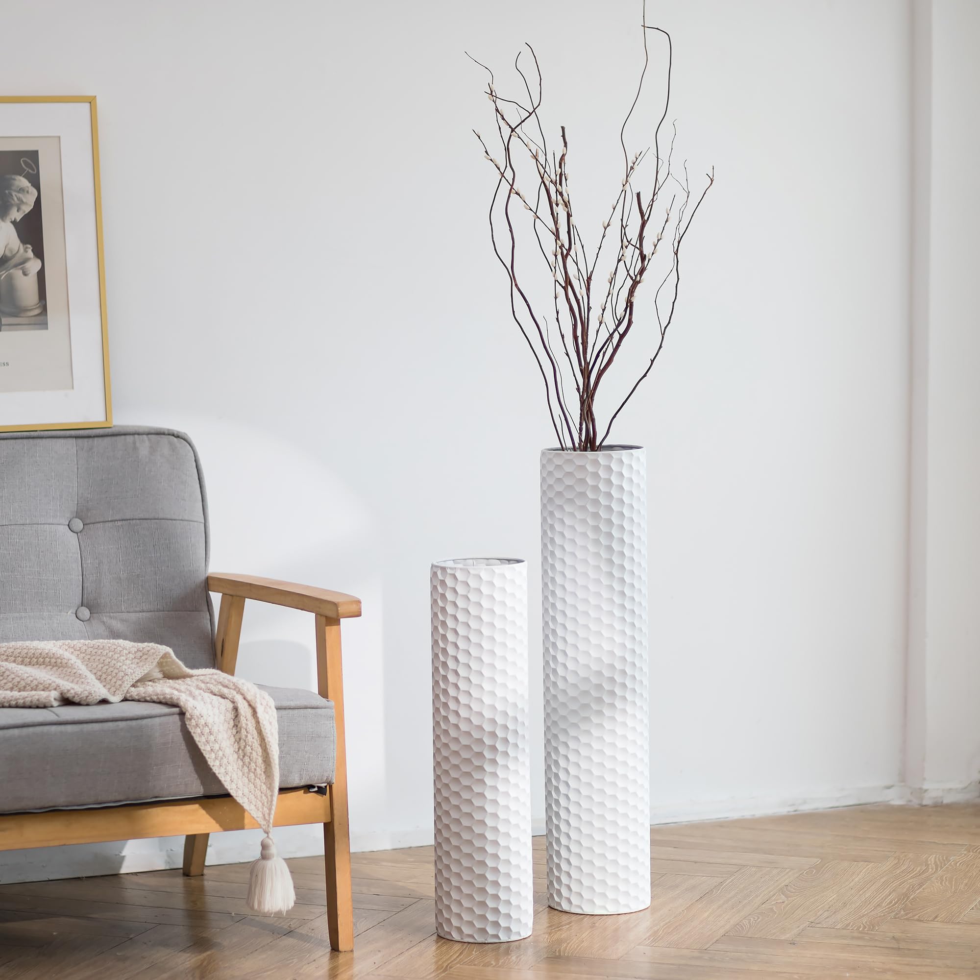 Sziqiqi Black Cylinder Tall Floor Vase: 27.6/21.7in Metal Extra Large Decorative Vase Set of 2 Living Room Modern Honeycomb Texture Big Standing Vase for Dining Bedroom Home Corner Indoor Office
