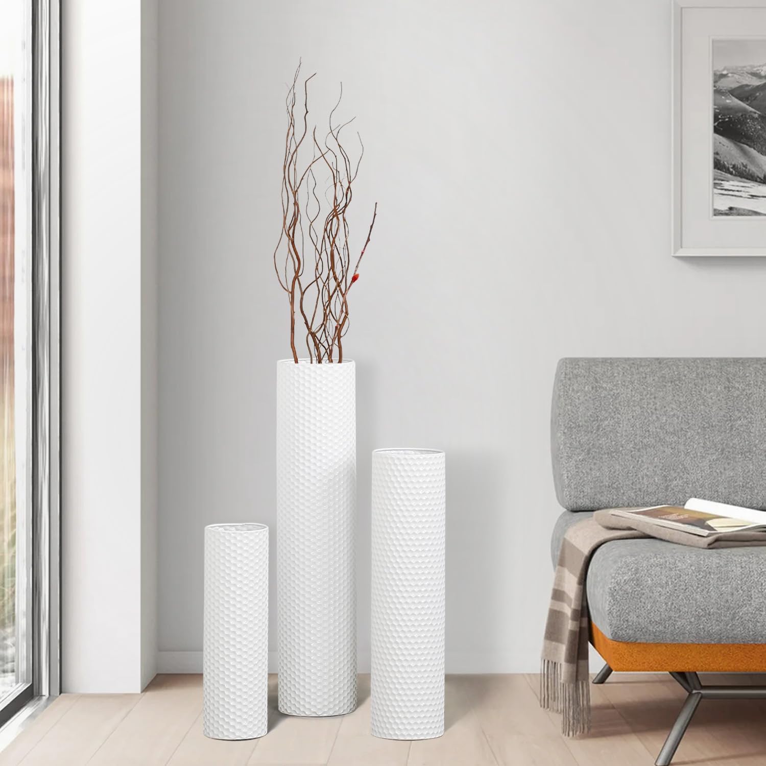 Dnnnii Tall Floor Vases Set of 3 - White Metal Cylinder Vases for Living Room Corner, Modern Honeycomb Texture, Extra Large Standing Decor (Tallest 27.6in, Home Bedroom Dining Decor)
