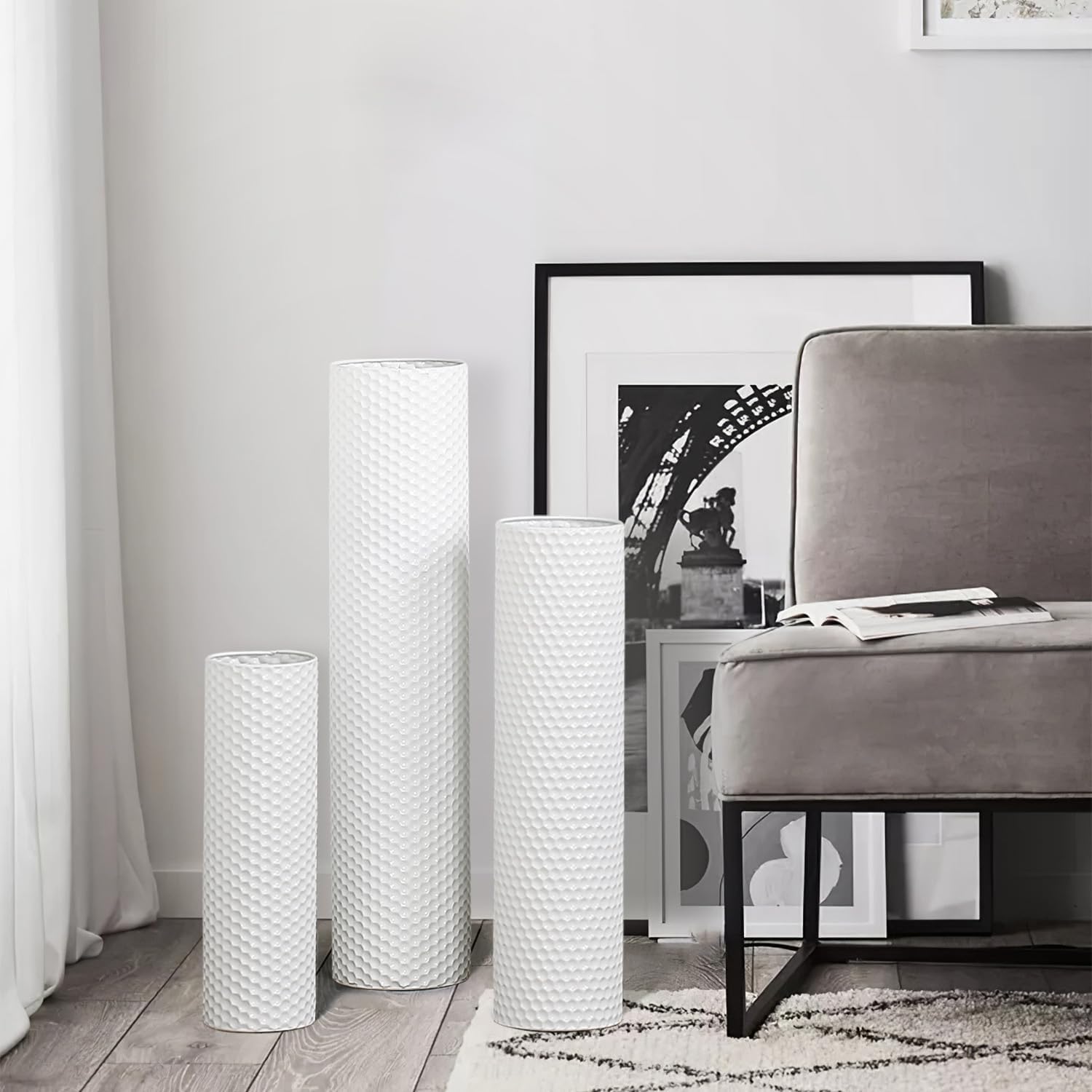 Dnnnii Tall Floor Vases Set of 3 - White Metal Cylinder Vases for Living Room Corner, Modern Honeycomb Texture, Extra Large Standing Decor (Tallest 27.6in, Home Bedroom Dining Decor)