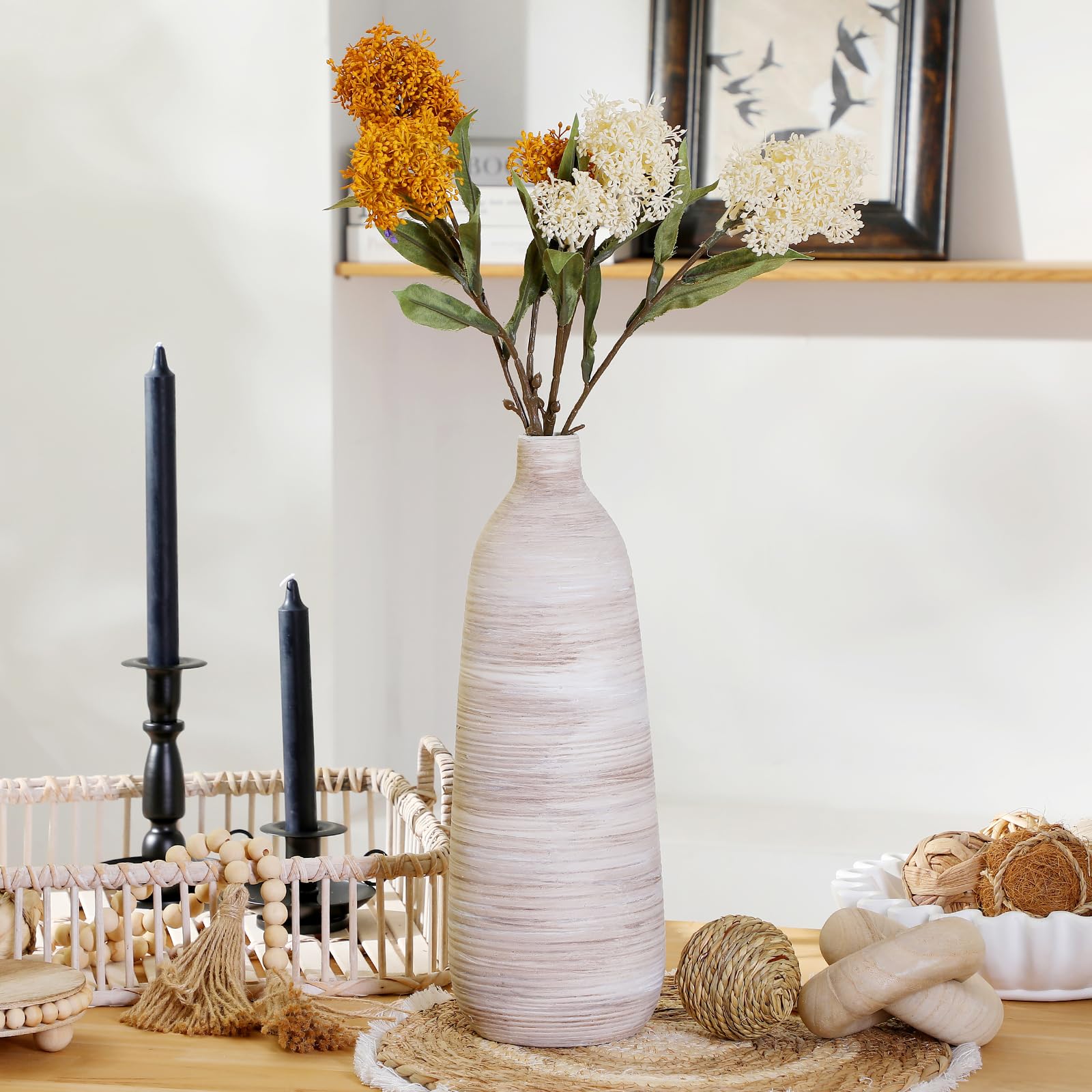 ALMA 16" Tall Floor Vase for Pampas Grass,White Brown Ceramic Centerpiece for Dresser, Skinny Pampas Grass Vessel for Floor, Entryway Table, Fireplace Decor
