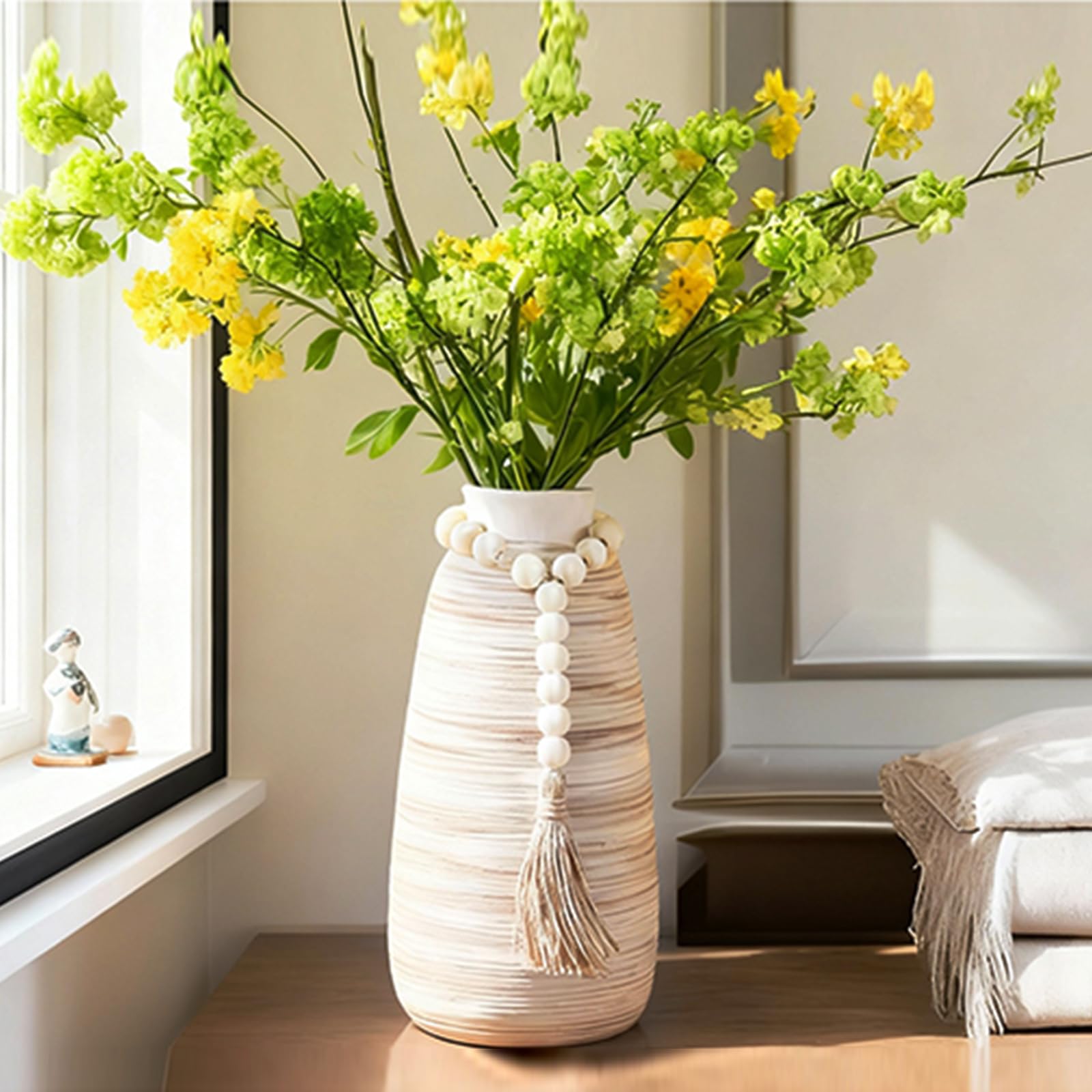 ALMA 16" Tall Floor Vase for Pampas Grass,White Brown Ceramic Centerpiece for Dresser, Skinny Pampas Grass Vessel for Floor, Entryway Table, Fireplace Decor