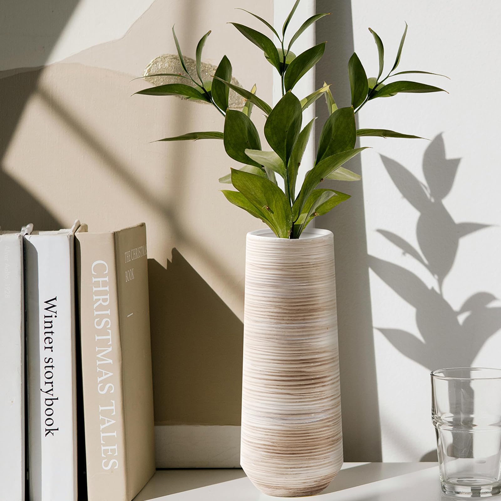 ALMA 16" Tall Floor Vase for Pampas Grass,White Brown Ceramic Centerpiece for Dresser, Skinny Pampas Grass Vessel for Floor, Entryway Table, Fireplace Decor