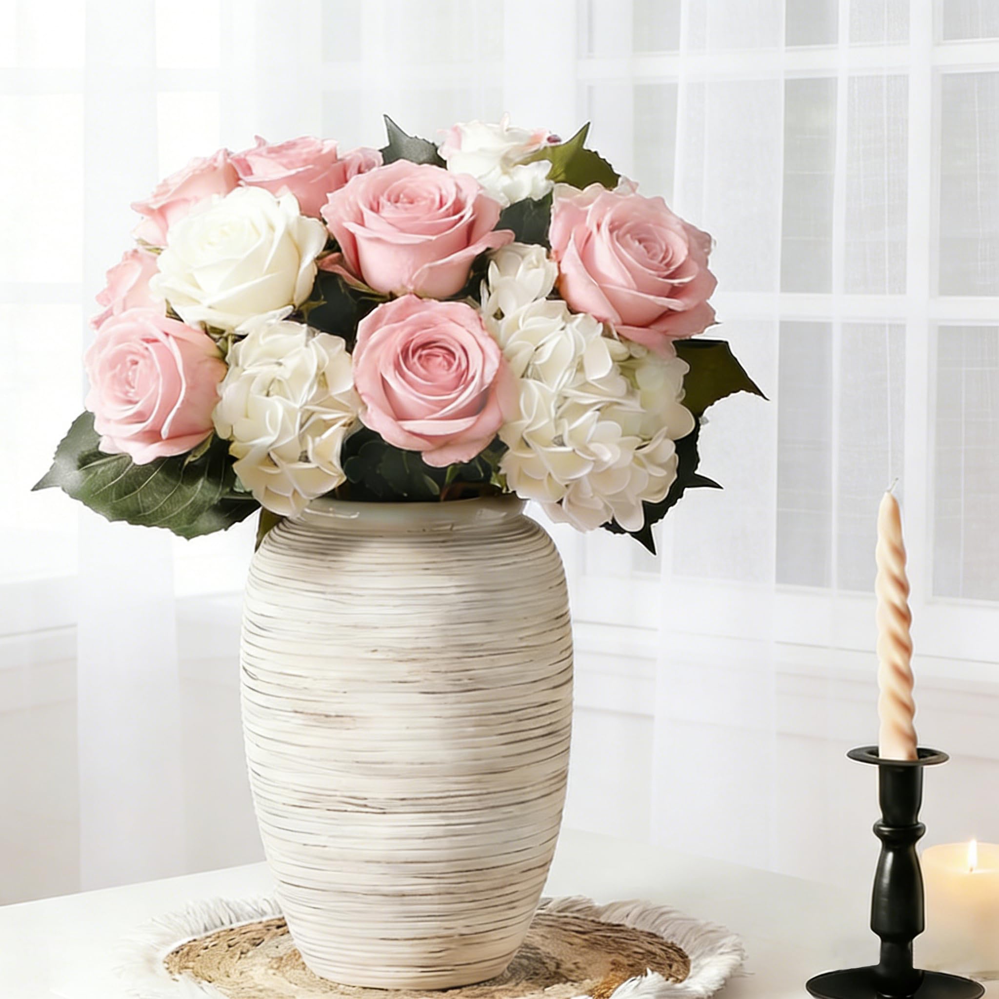 ALMA 16" Tall Floor Vase for Pampas Grass,White Brown Ceramic Centerpiece for Dresser, Skinny Pampas Grass Vessel for Floor, Entryway Table, Fireplace Decor