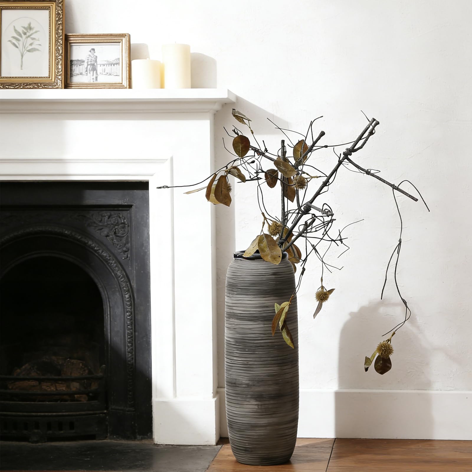 ALMA 16" Tall Floor Vase for Pampas Grass,White Brown Ceramic Centerpiece for Dresser, Skinny Pampas Grass Vessel for Floor, Entryway Table, Fireplace Decor