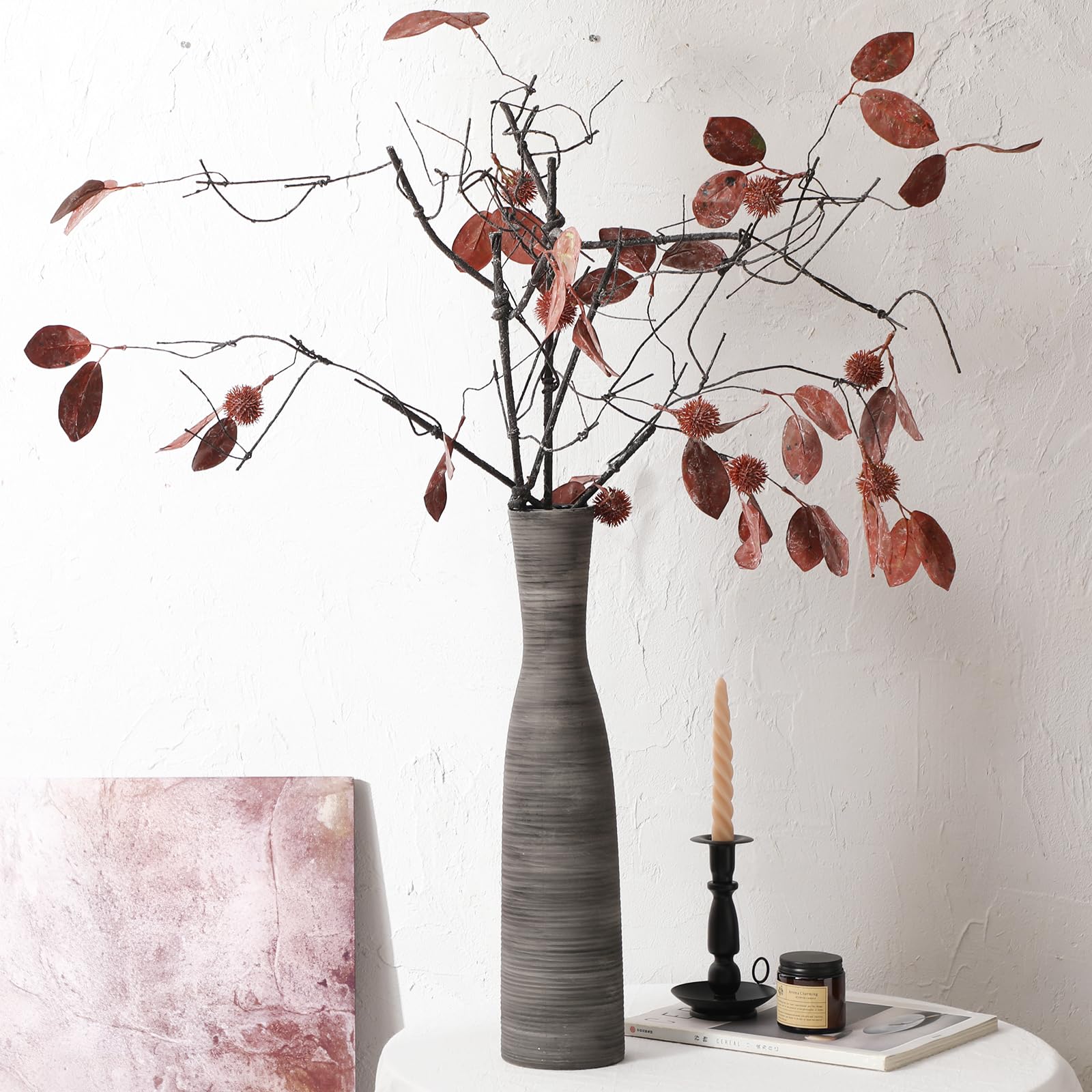 ALMA 16" Tall Floor Vase for Pampas Grass,White Brown Ceramic Centerpiece for Dresser, Skinny Pampas Grass Vessel for Floor, Entryway Table, Fireplace Decor