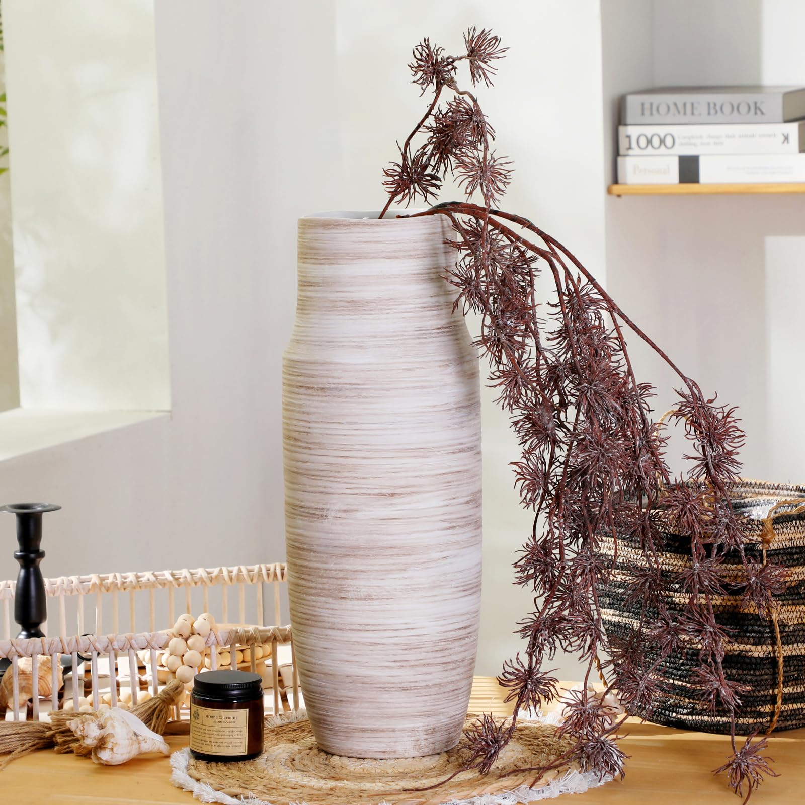ALMA 16" Tall Floor Vase for Pampas Grass,White Brown Ceramic Centerpiece for Dresser, Skinny Pampas Grass Vessel for Floor, Entryway Table, Fireplace Decor